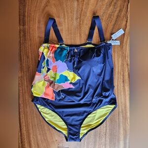NWT Anne Cole Navy Blue Floral Blouson One Piece Swimsuit Women's Plus 20W